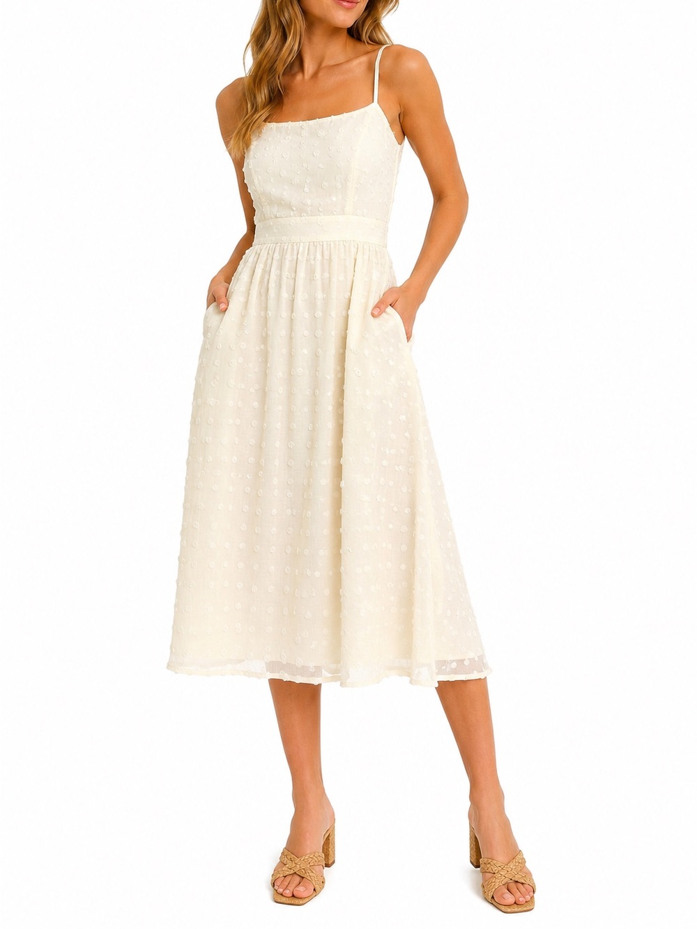 Listicle Ivory Swiss Dot Midi Dress Fully Lined Sleeveless Size L | M